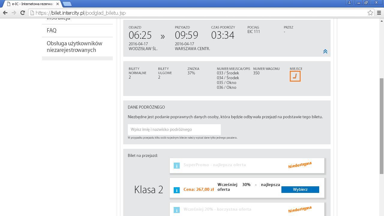 Zrzut ekranu z internetowej rezerwacji biletów intercity. Jak widać opcja Superpromo jest niedostępna.
