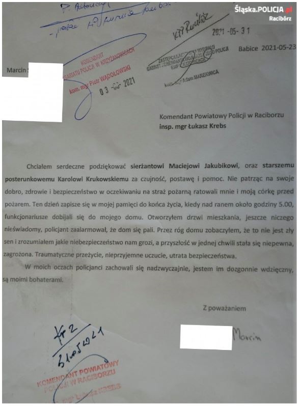 List wdzięcznego mieszkańca powiatu raciborskiego skierowany do komendanta raciborskiej policji.