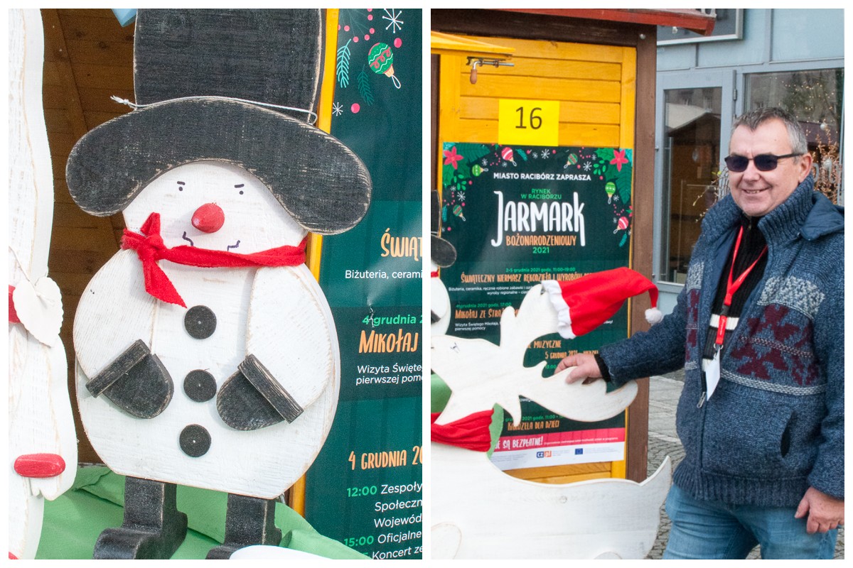 Jurek Langa przyjechał do Raciborza z Polic nieopodal Szczecina. Można u niego kupić rękodzieło w postaci świątecznych ozdób. Bałwanek na drugim zdjęciu kosztuje 60 zł.