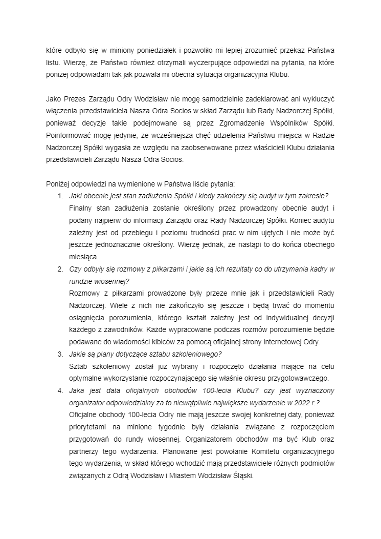 Fragment listu Odry Wodzisław, będącego odpowiedzią na wcześniejszy list Stowarzyszenia Nasza Odra Socios